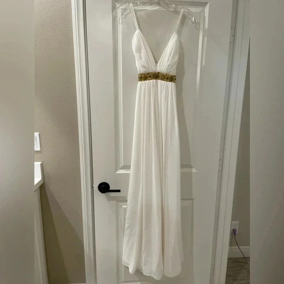 Starbox Dresses & Skirts - White Empire-Waist Wedding Dress with Gold Embellished Waistband